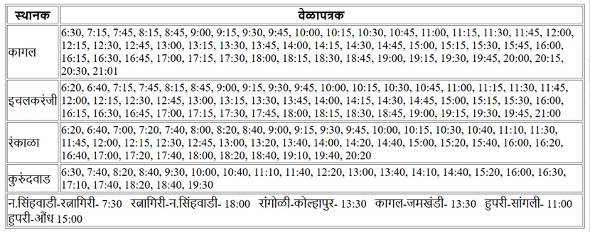 hupari bus stand time table chart